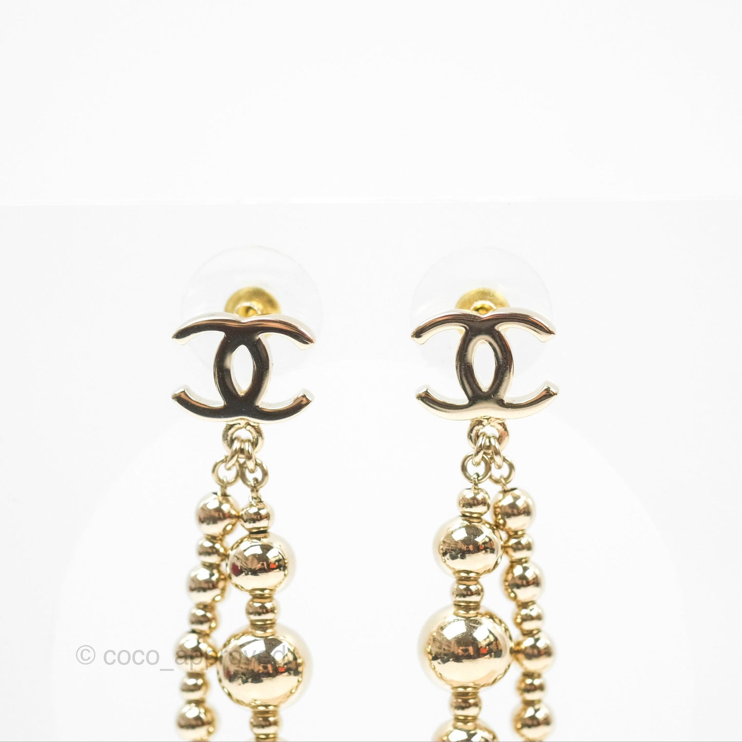 Chanel CC Bead Long Drop Earrings Gold Tone 21S