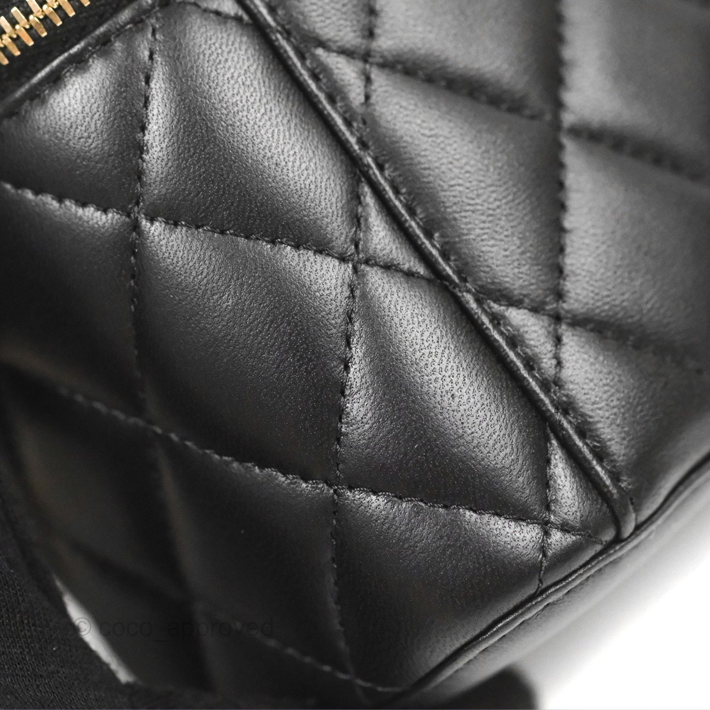 Chanel Quilted Vanity Rectangular with Camellia Adjustable Chain Black Lambskin 23S