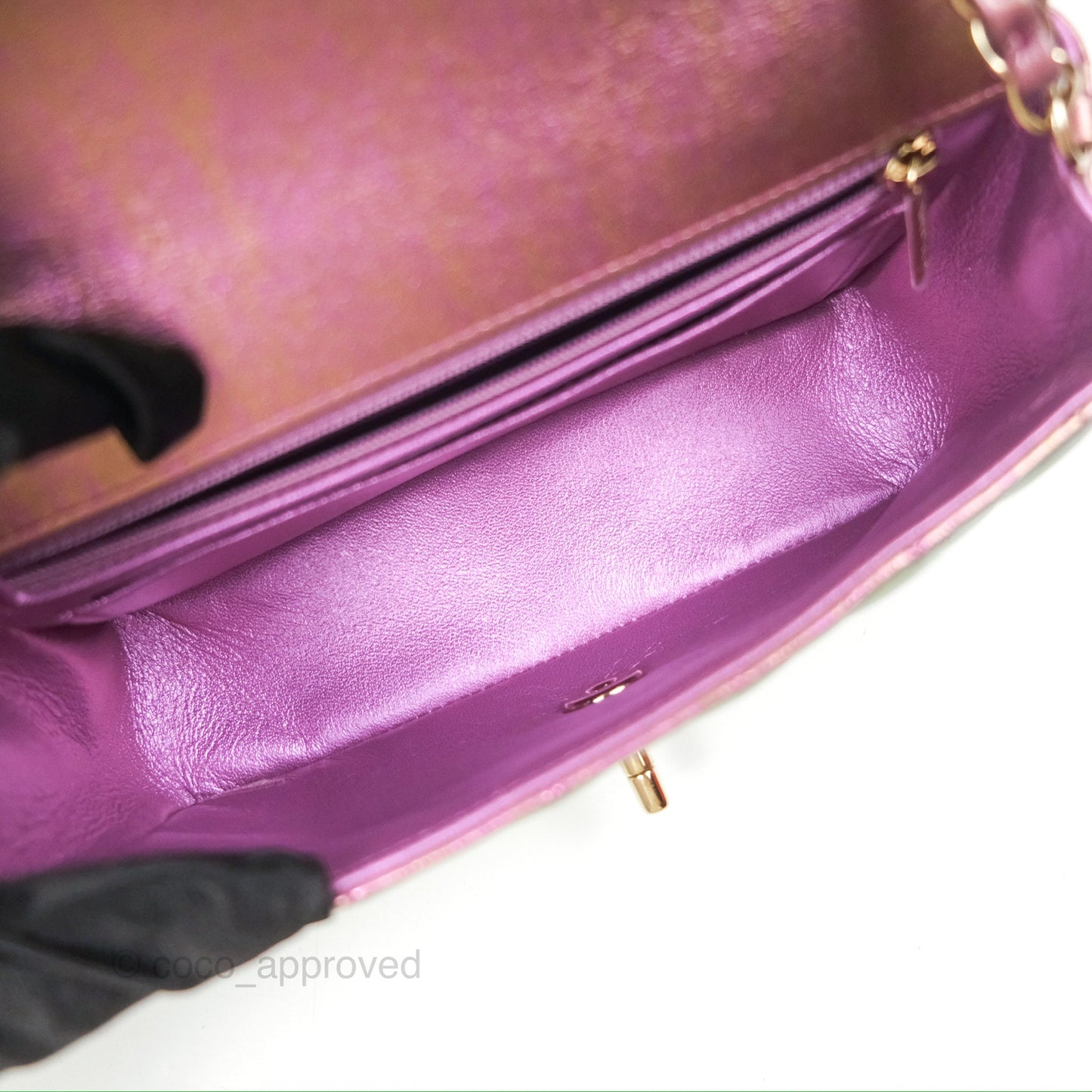 Chanel Classic Quilted Mini Rectangular Flap Metallic Purple Calfskin Gold Hardware