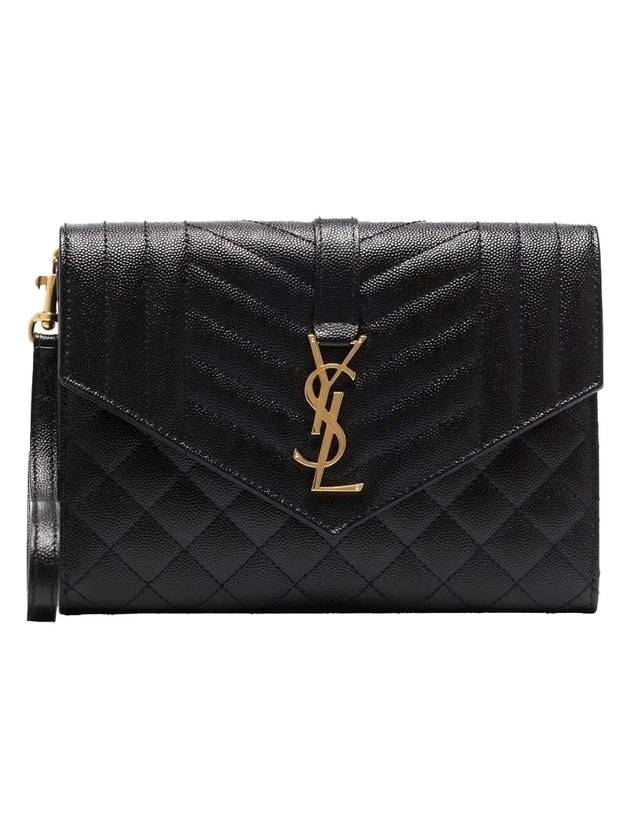 Luxury Saint Laurent Matelasse Gold Logo Strap Clutch Bag Black