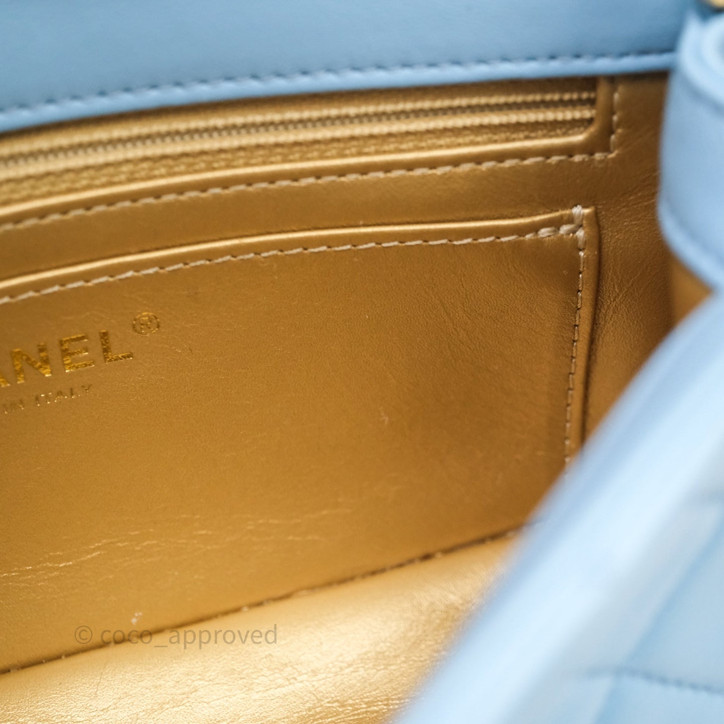 Chanel Mini Rectangular Pearl Crush Quilted Blue Lambskin Aged Gold Hardware