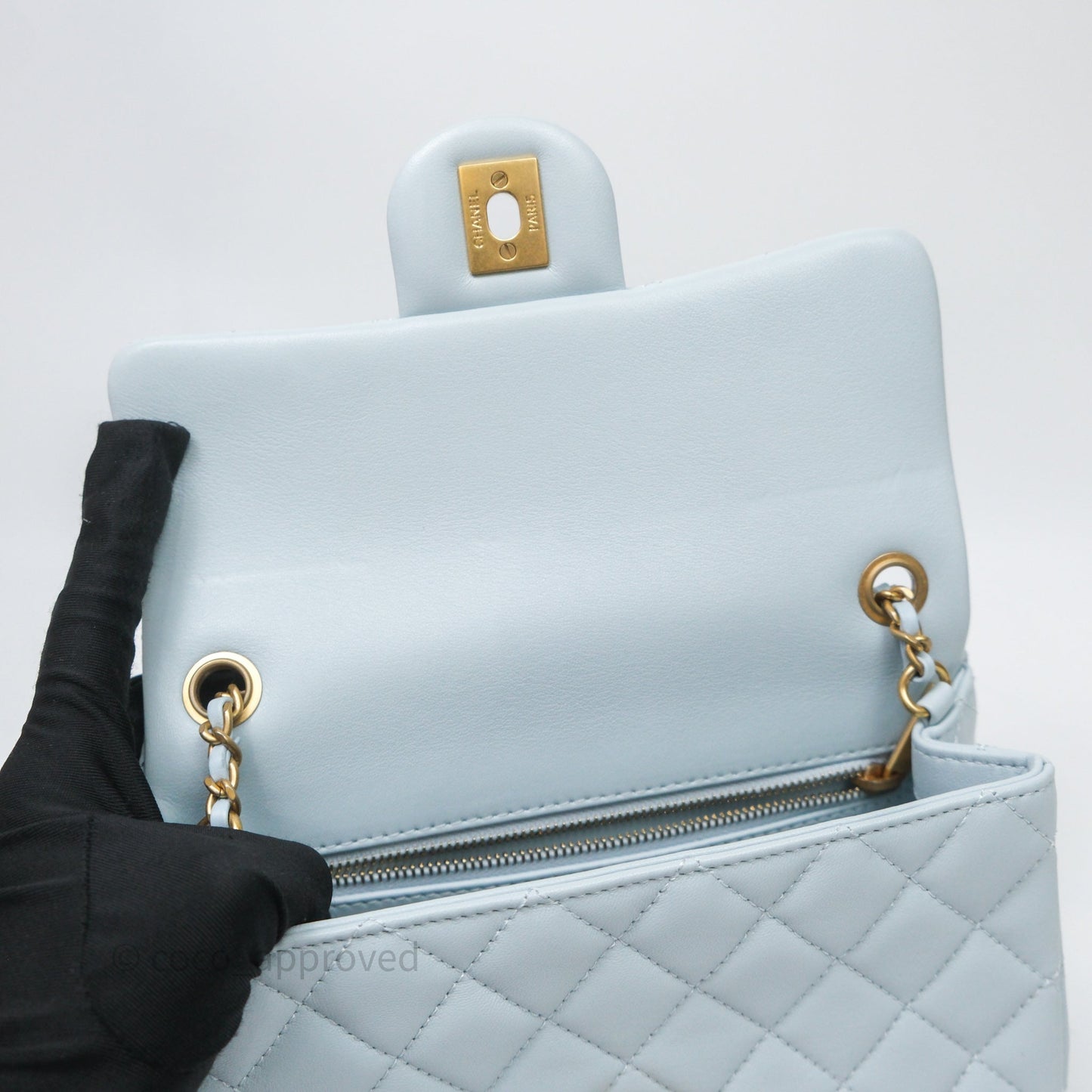 Chanel Pearl Crush Mini Rectangular Light Blue Lambskin Aged Gold Hardware