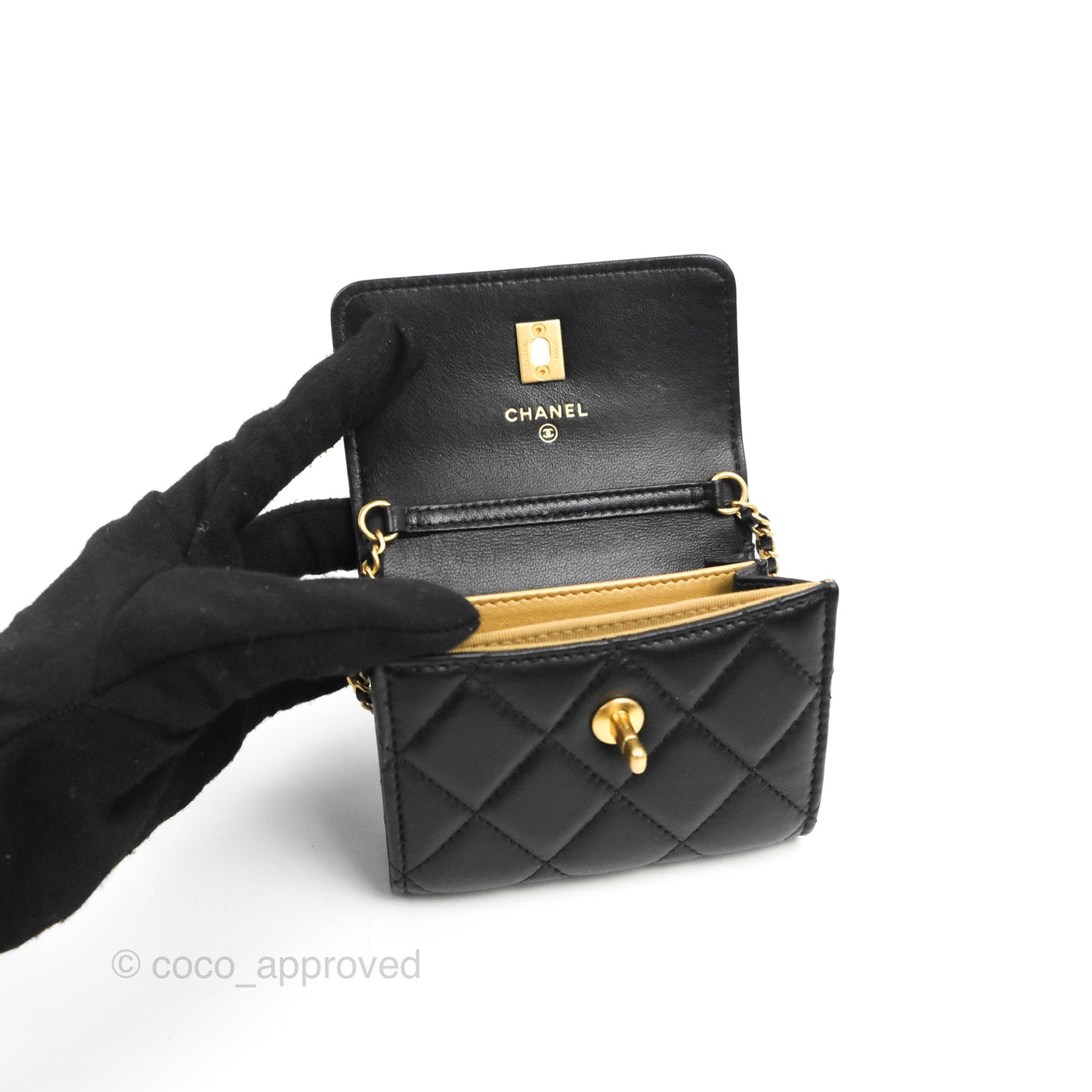 Chanel Pearl Crush Mini Clutch With Chain Black Lambskin Aged Gold Hardware