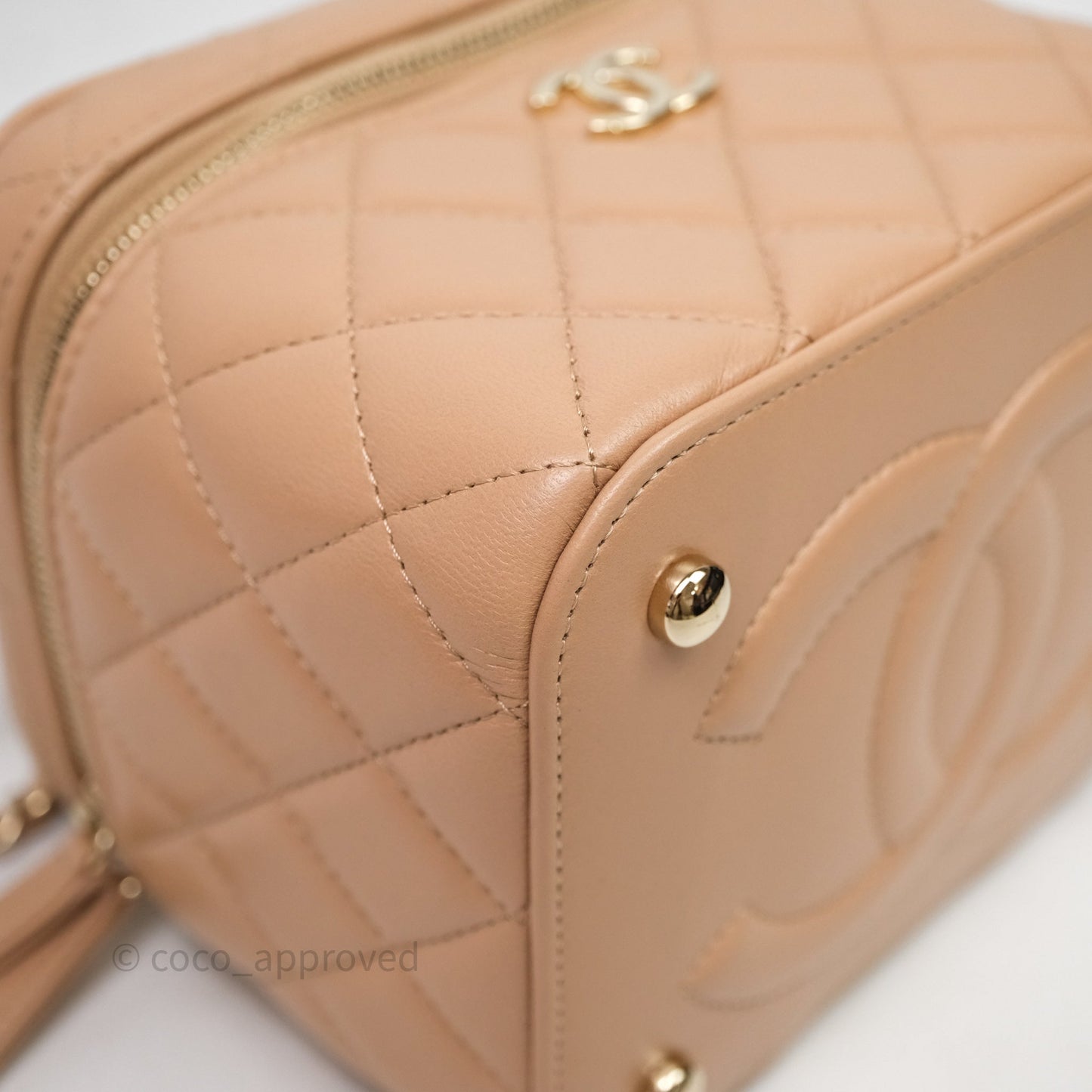 Chanel Top Handle Vanity With Chain Beige Lambskin Aged Gold Hardware