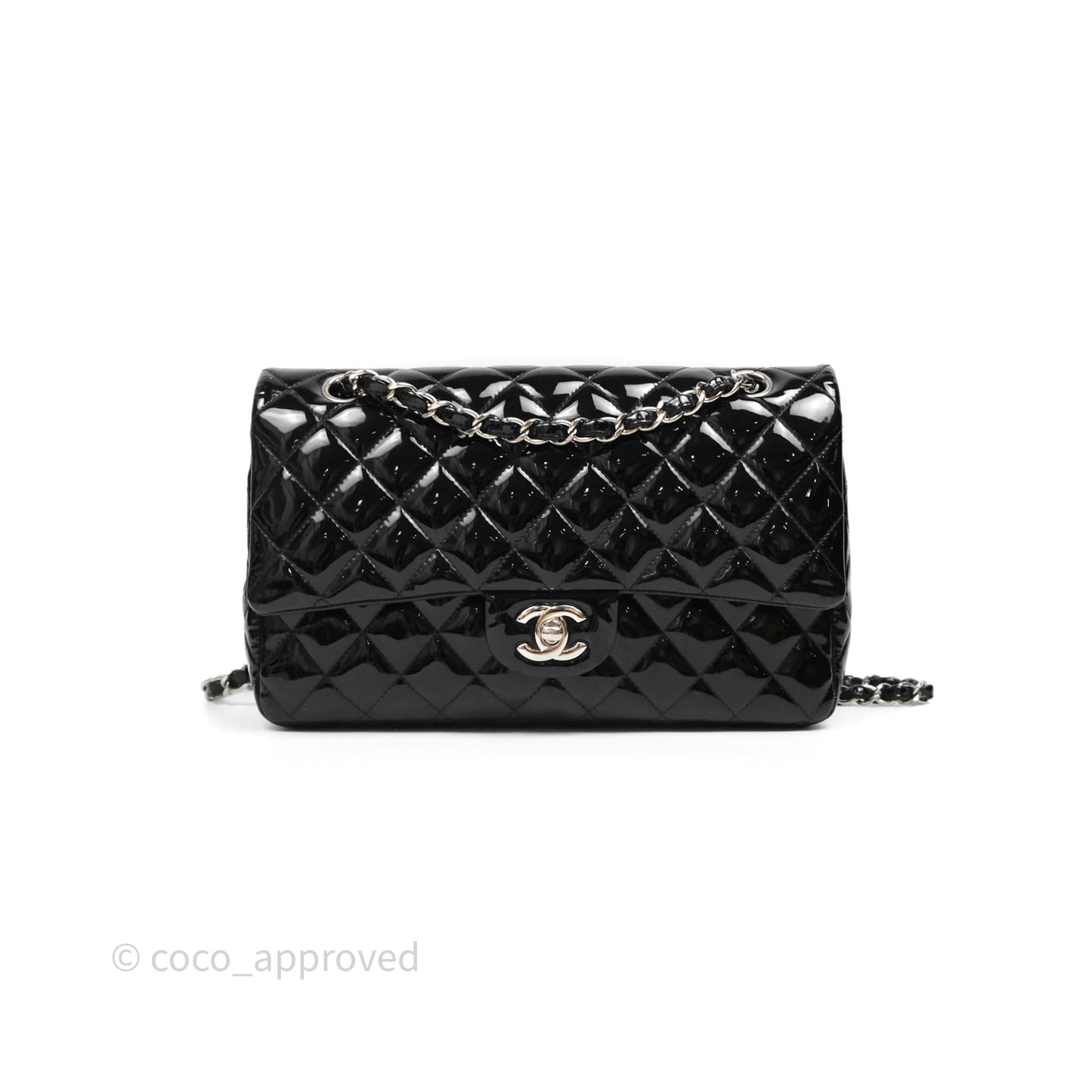 Chanel Classic M/L Medium Flap Quilted Black Patent Silver Hardware