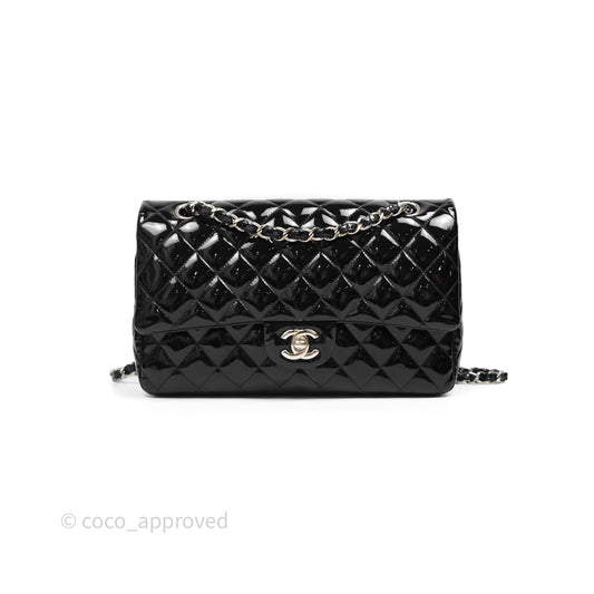 Chanel Classic M/L Medium Flap Quilted Black Patent Silver Hardware