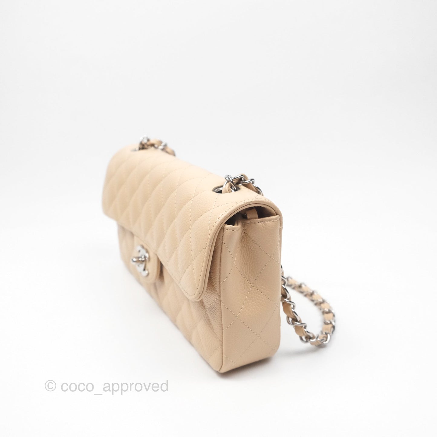 Chanel Quilted East West Flap Beige Caviar Silver Hardware