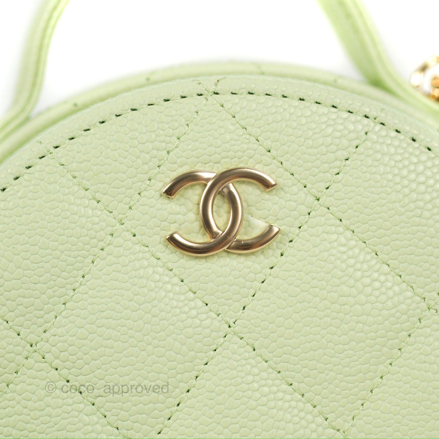 Chanel Mini Round Vanity Bag Handle With Care Light Green Caviar 22C