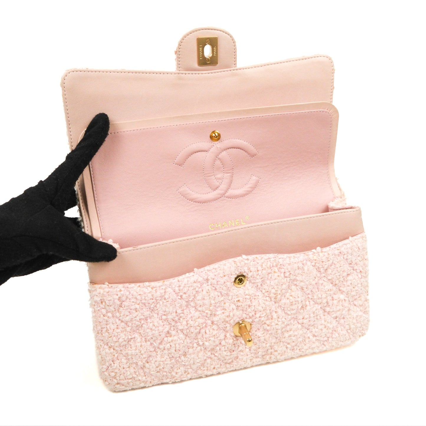 Chanel Classic M/L Medium Quilted Double Flap Pink Tweed Matte Gold Hardware