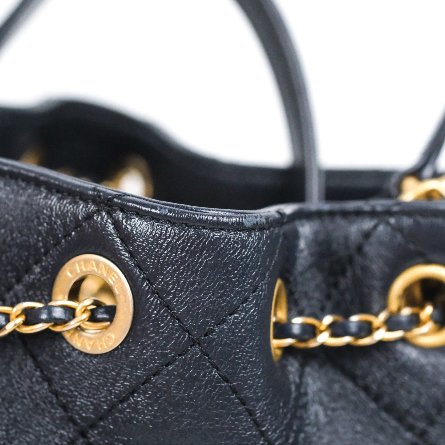 Chanel Quilted Top Handle Drawstring Bucket Bag Iridescent Navy Calfskin Aged Gold Hardware