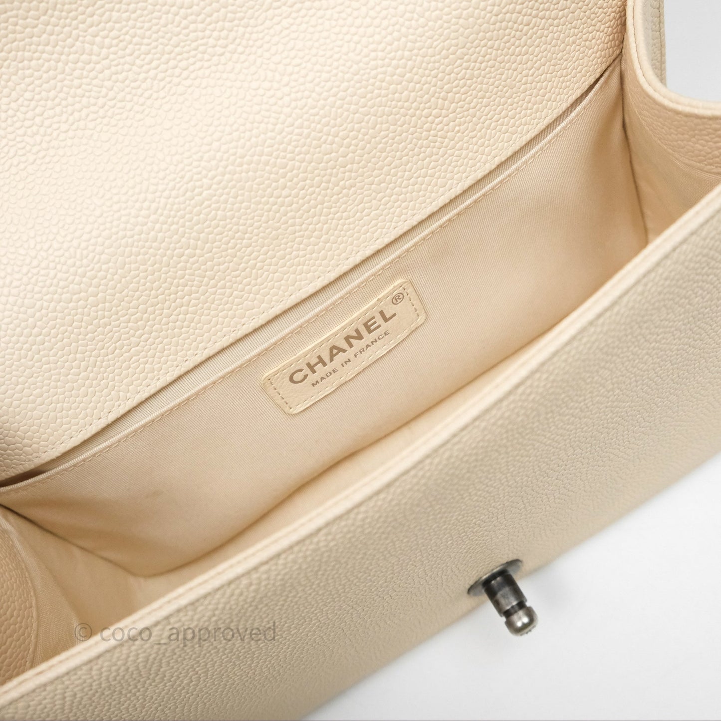Chanel Medium Boy Chevron Beige Caviar Ruthenium Hardware