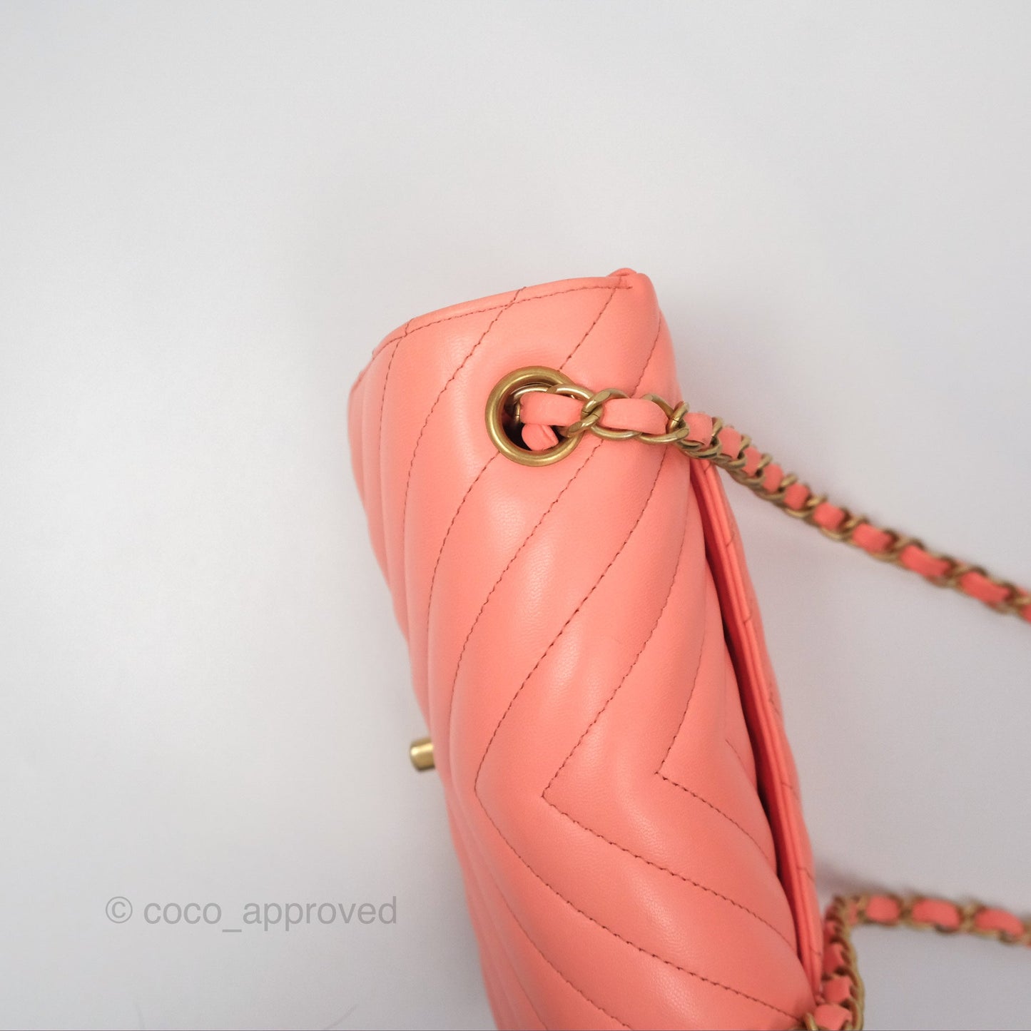 Chanel Chevron Mini Rectangular Flap Peach Pink Lambskin Aged Gold Hardware