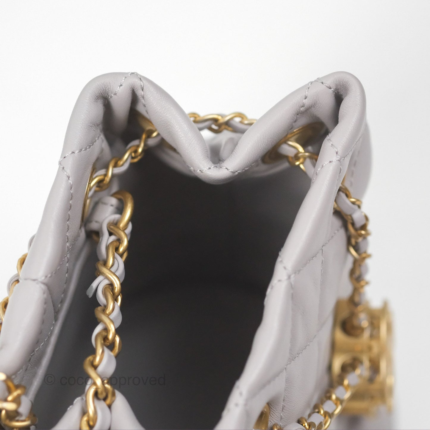 Chanel Pearl Crush Drawstring Bucket Bag Grey Lambskin Aged Gold Hardware