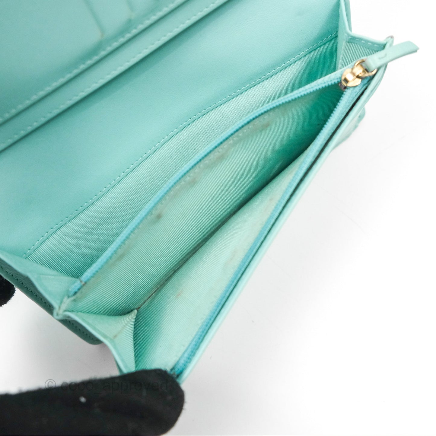 Chanel Classic Quilted Long Wallet Tiffany Blue Caviar Gold Hardware