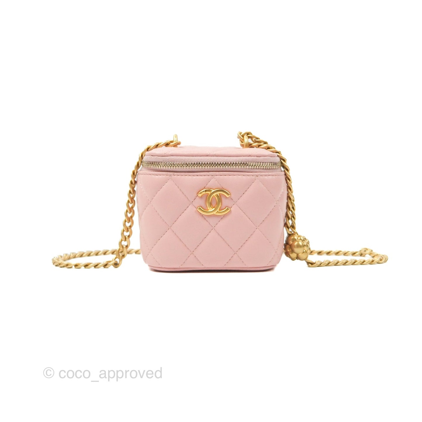 Chanel Mini Vanity With Chain Adjustable Camellia Light Pink Lambskin Aged Gold Hardware