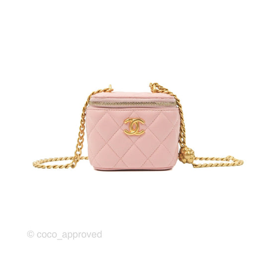 Chanel Mini Vanity With Chain Adjustable Camellia Light Pink Lambskin Aged Gold Hardware