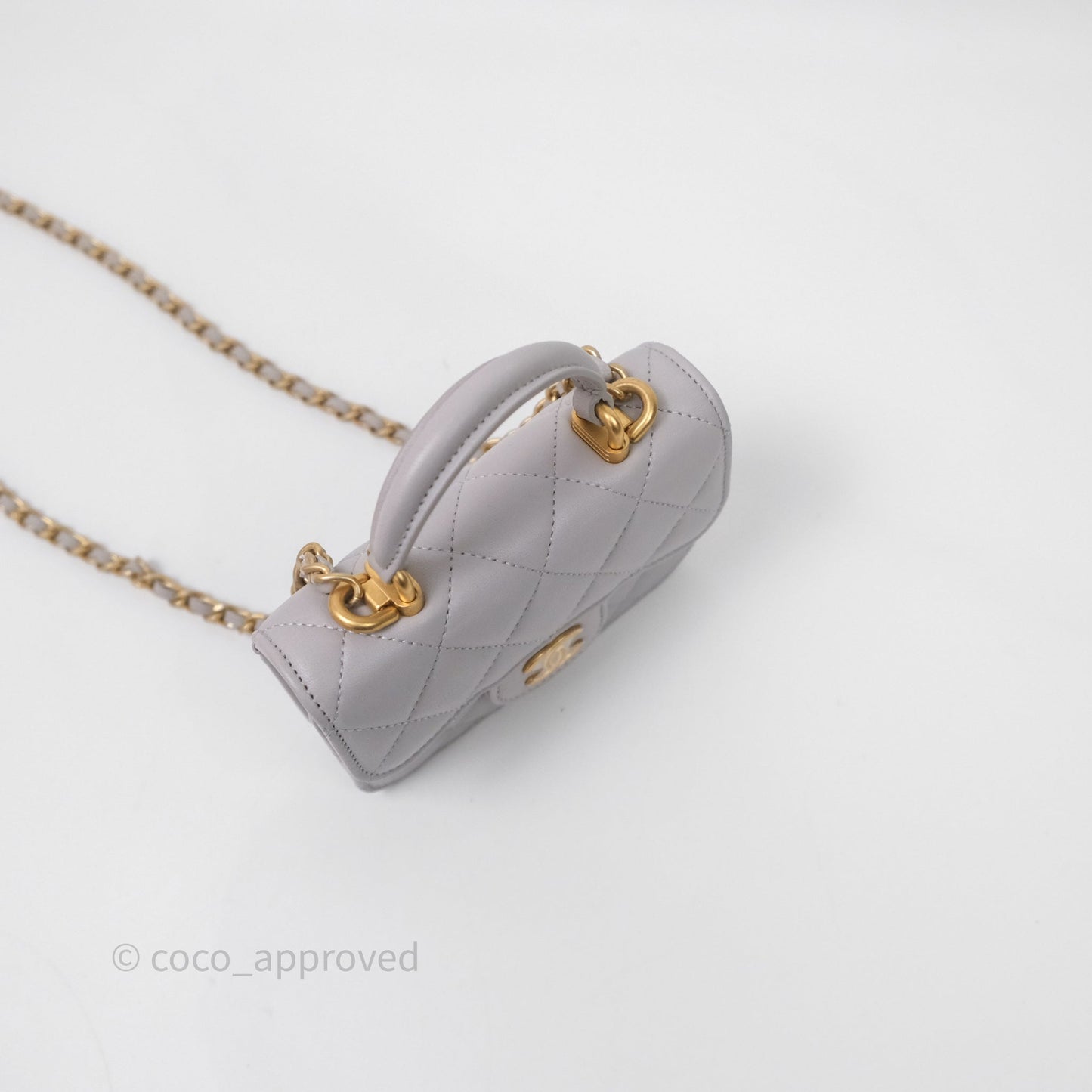 Chanel Mini Handle Flap Coin Purse With Chain Grey Lambskin Aged Gold Hardware