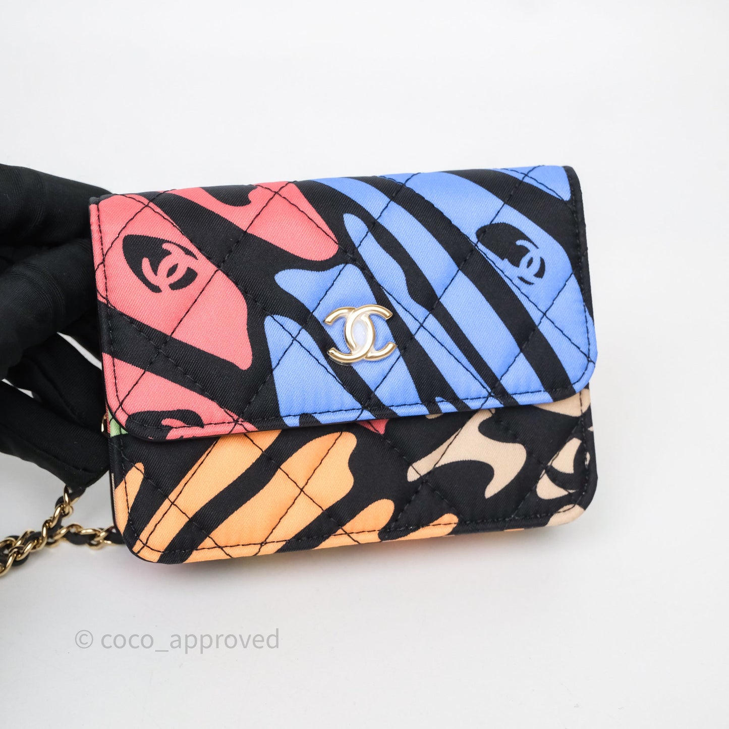 Chanel Mini Wallet With Chain CC Floral Printed Fabric Gold Hardware