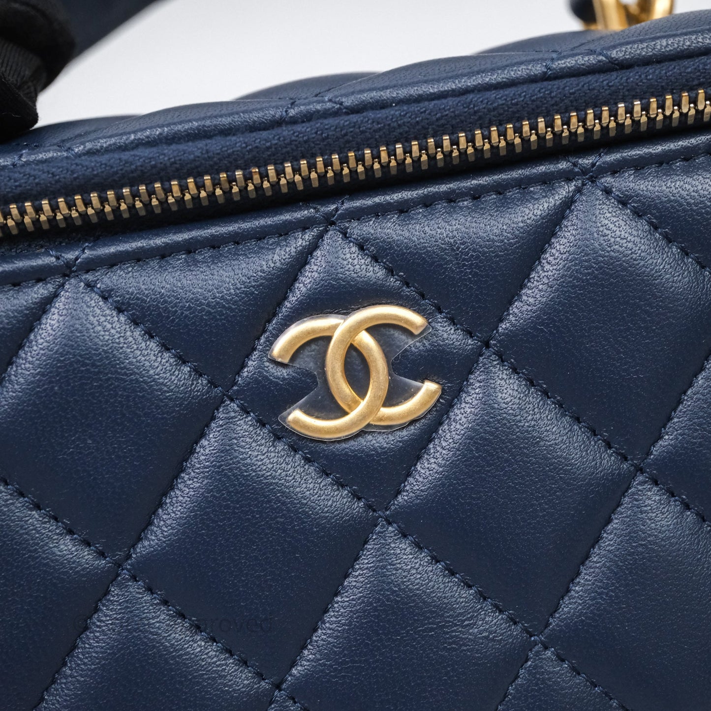 Chanel Vanity Rectangular Metal Top Handle Navy Lambskin Aged Gold Hardware