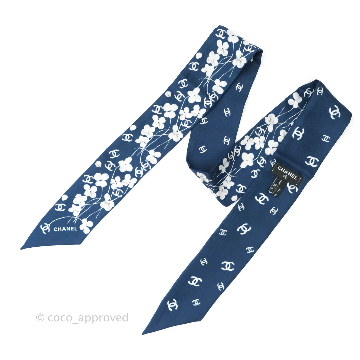 Chanel CC Flora Print Silk Twilly in Navy White
