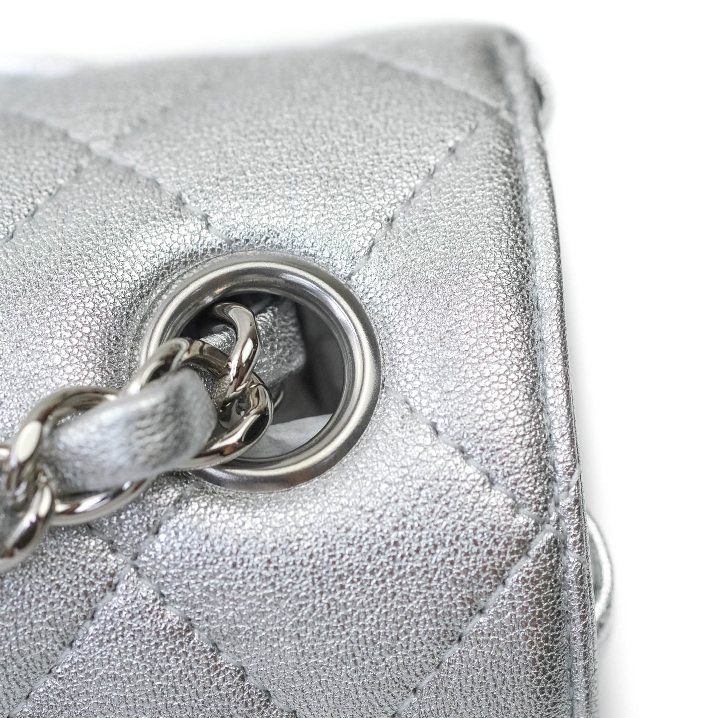Chanel Quilted Mini Rectangular Flap Metallic Silver Lambskin Silver Hardware