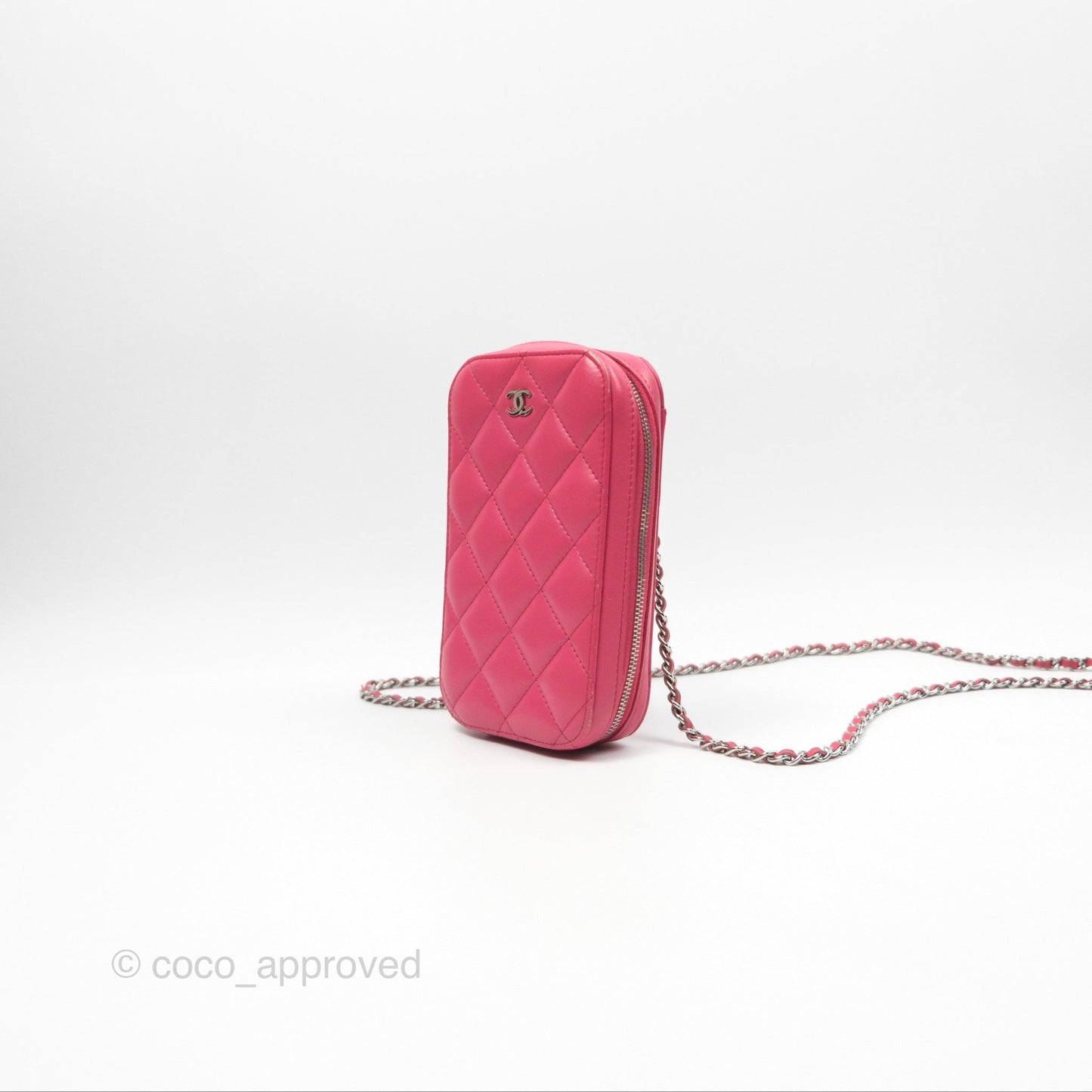Chanel Quilted Phone Holder Pink Lambskin Silver Hardware