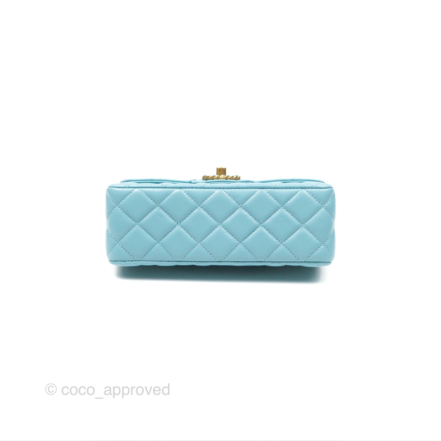 Chanel Flap Bag with Crystal Logo Top Handle Tiffany Blue Lambskin Aged Gold Hardware