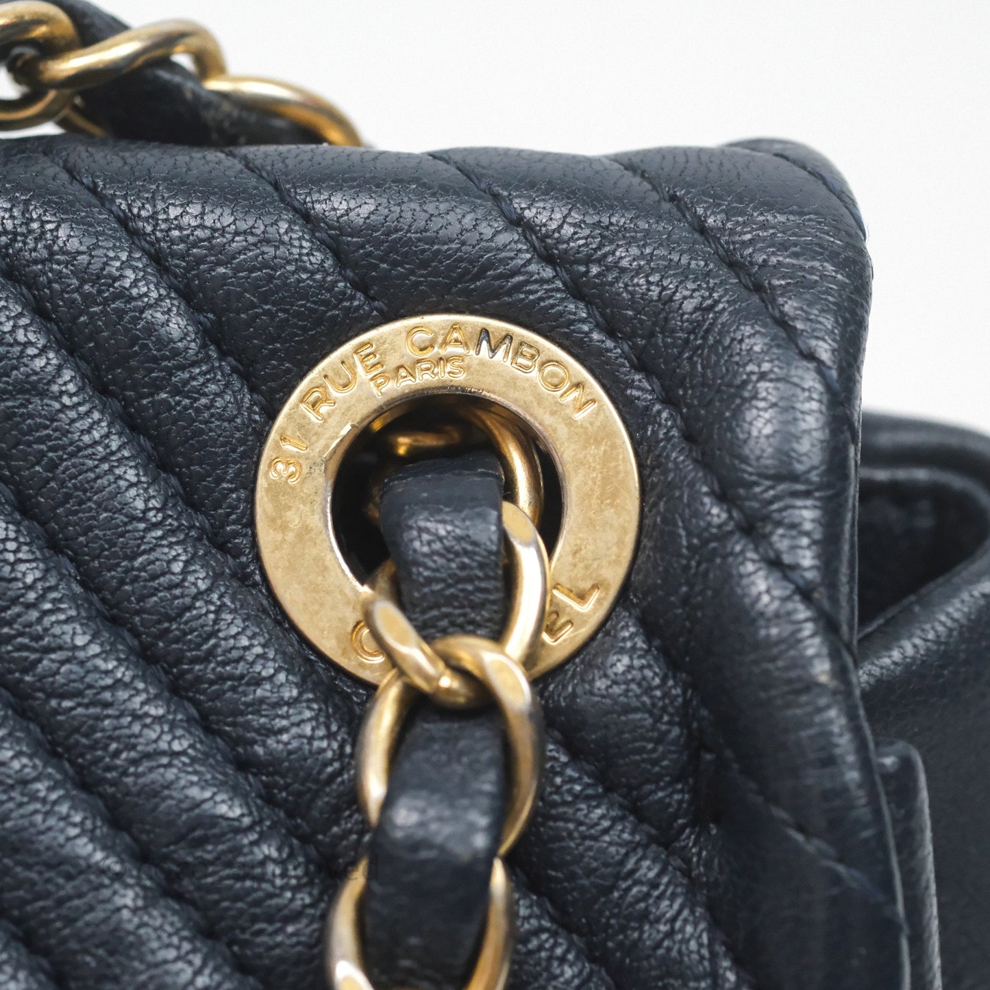Chanel Medium Chevron Surpique Flap Navy Calfskin Aged Gold Hardware