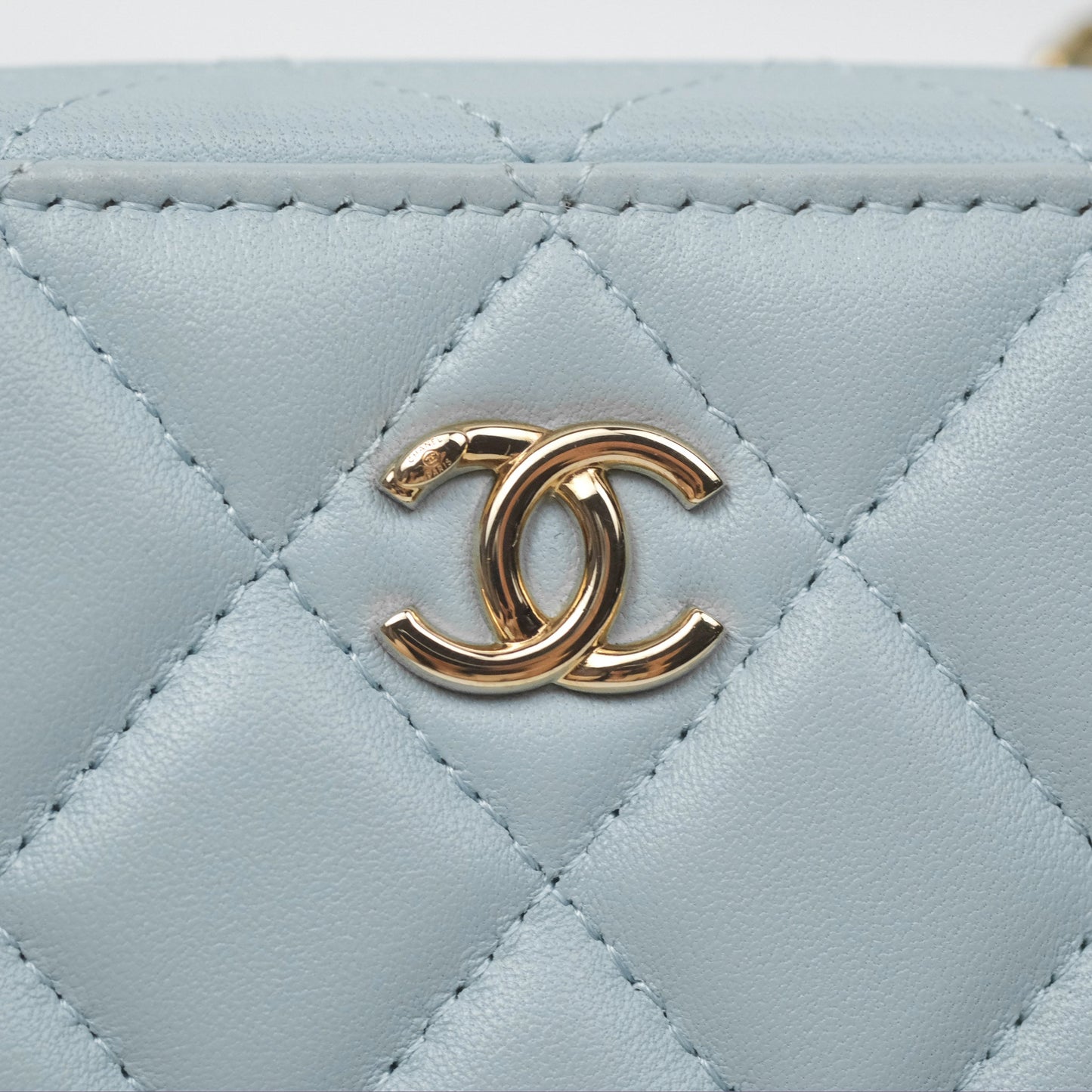 Chanel Mini Quilted Vanity Camera Case Light Blue Lambskin Gold Hardware