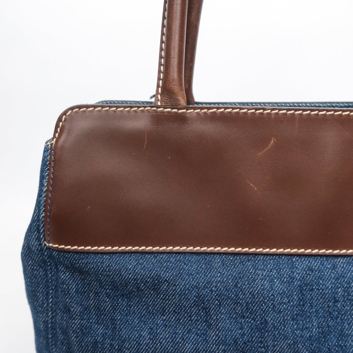 Chanel Vintage CC Tote Bag Denim Brown Leather