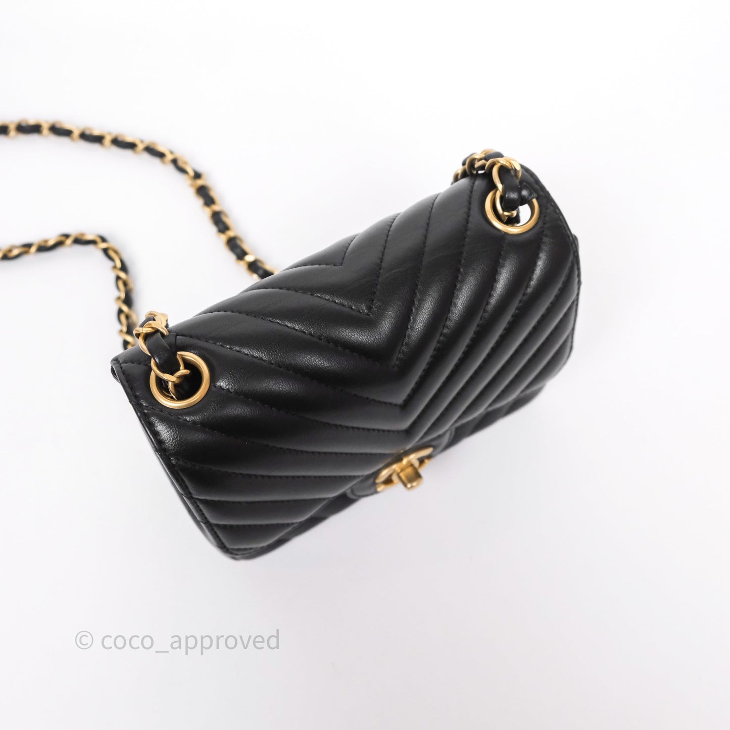 Chanel Mini Square Flap Chevron Black Lambskin Aged Gold Hardware