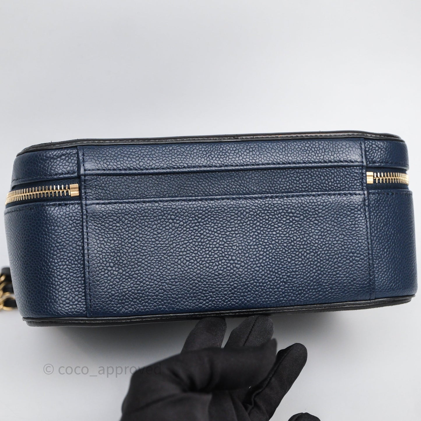 Chanel Quilted Large CC Filigree Vanity Case Navy Black Caviar Aged Gold Hardware