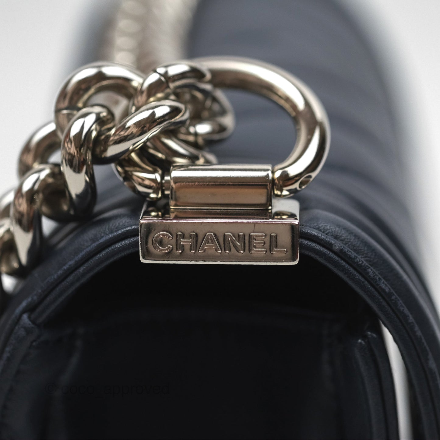 Chanel Small Chevron Boy Navy Calfskin Silver Hardware