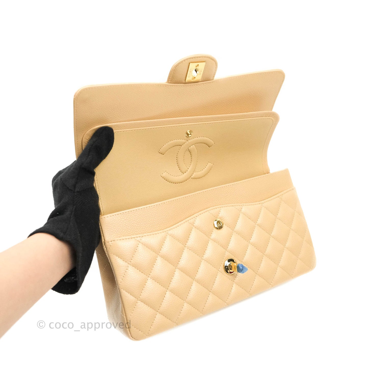 Chanel M/L Medium Quilted Caviar Double Flap Beige Gold Hardware