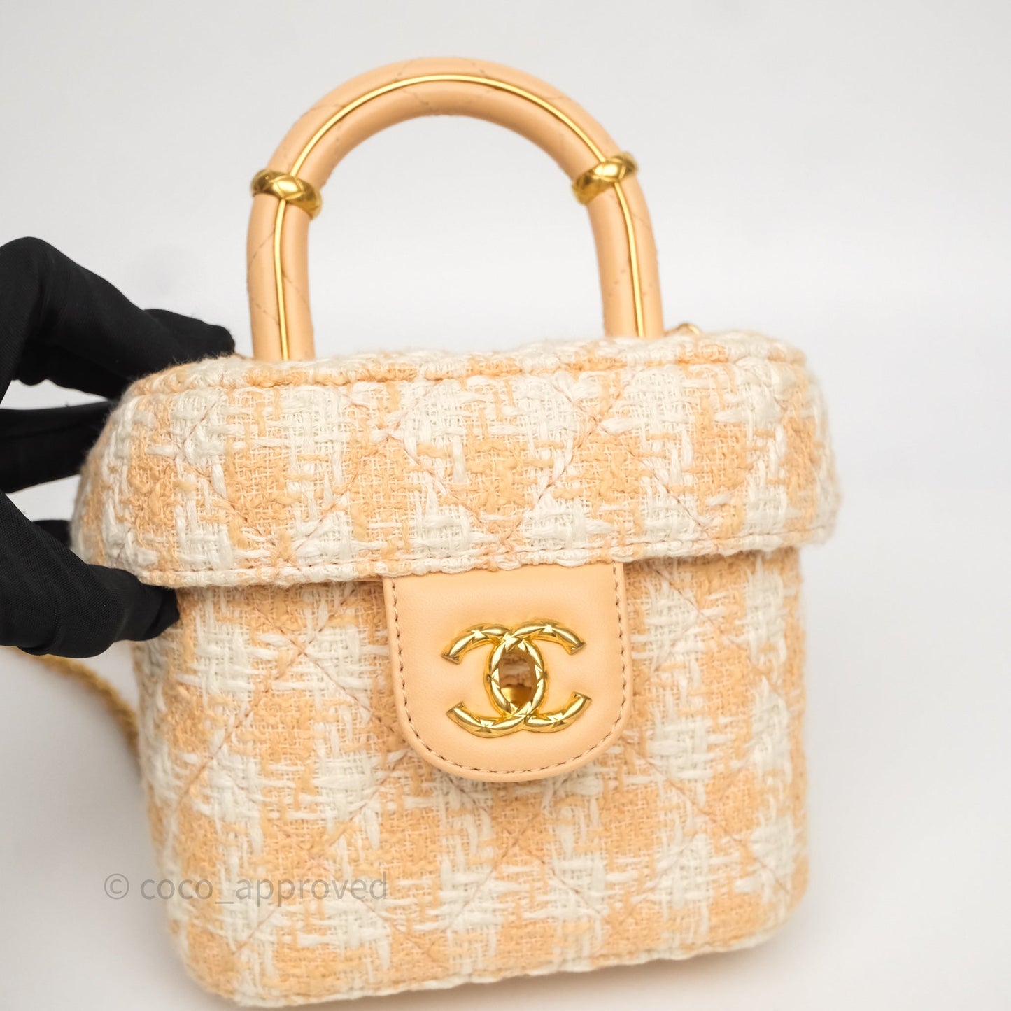 Chanel Vanity Case with Top Handle Orange Apricot Tweed Aged Gold Hardware
