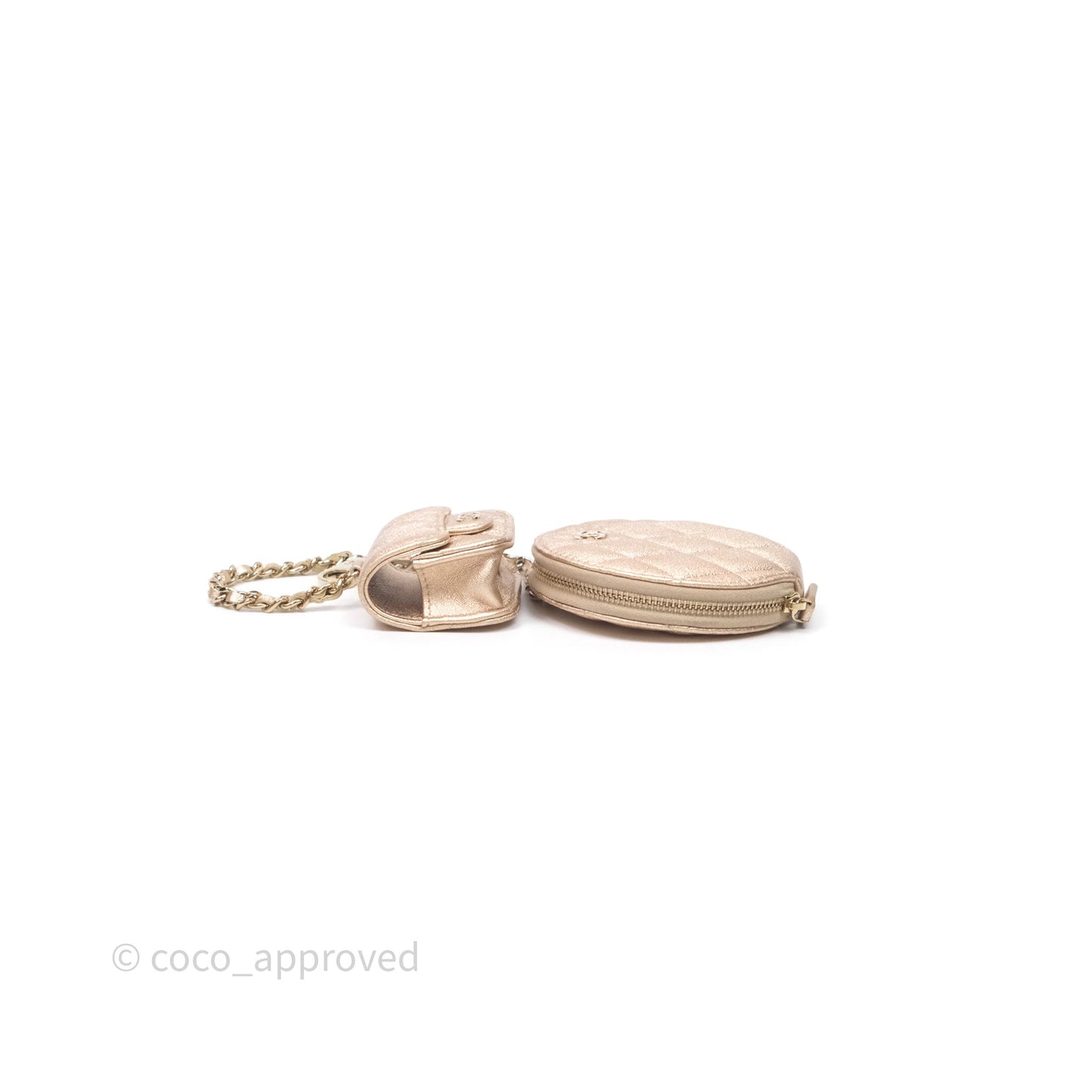 Chanel Quilted Round Coin Purse With Airpods Case Lambskin Metallic Gold Gold Hardware