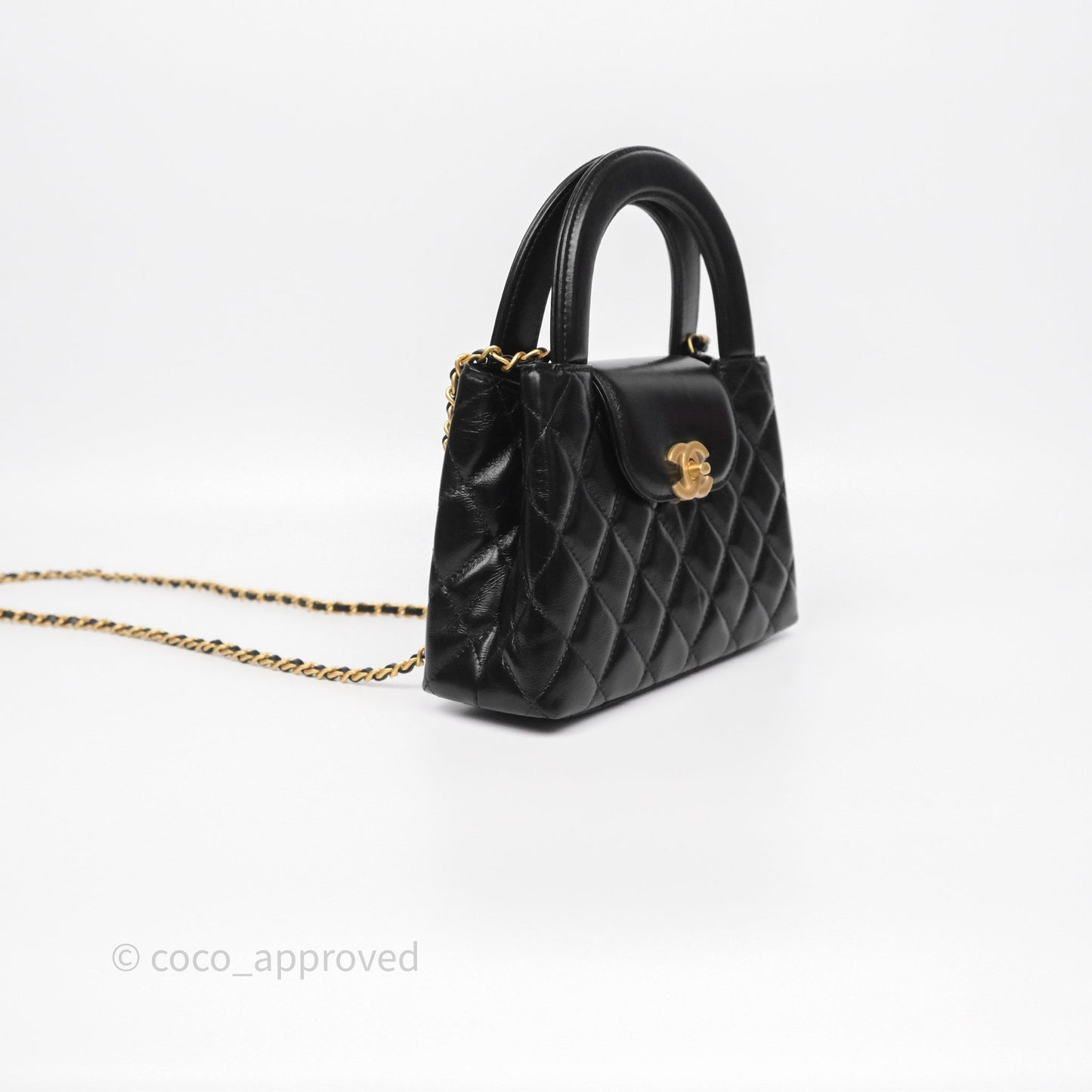 Chanel Kelly Bag Quilted Black Shiny Crumpled Calfskin Aged Gold Hardware