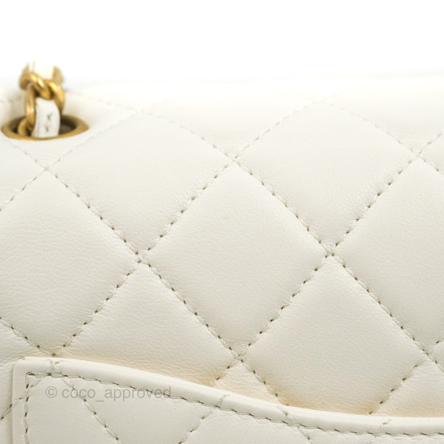 Chanel Mini Square Pearl Crush Quilted White Lambskin Aged Gold Hardware
