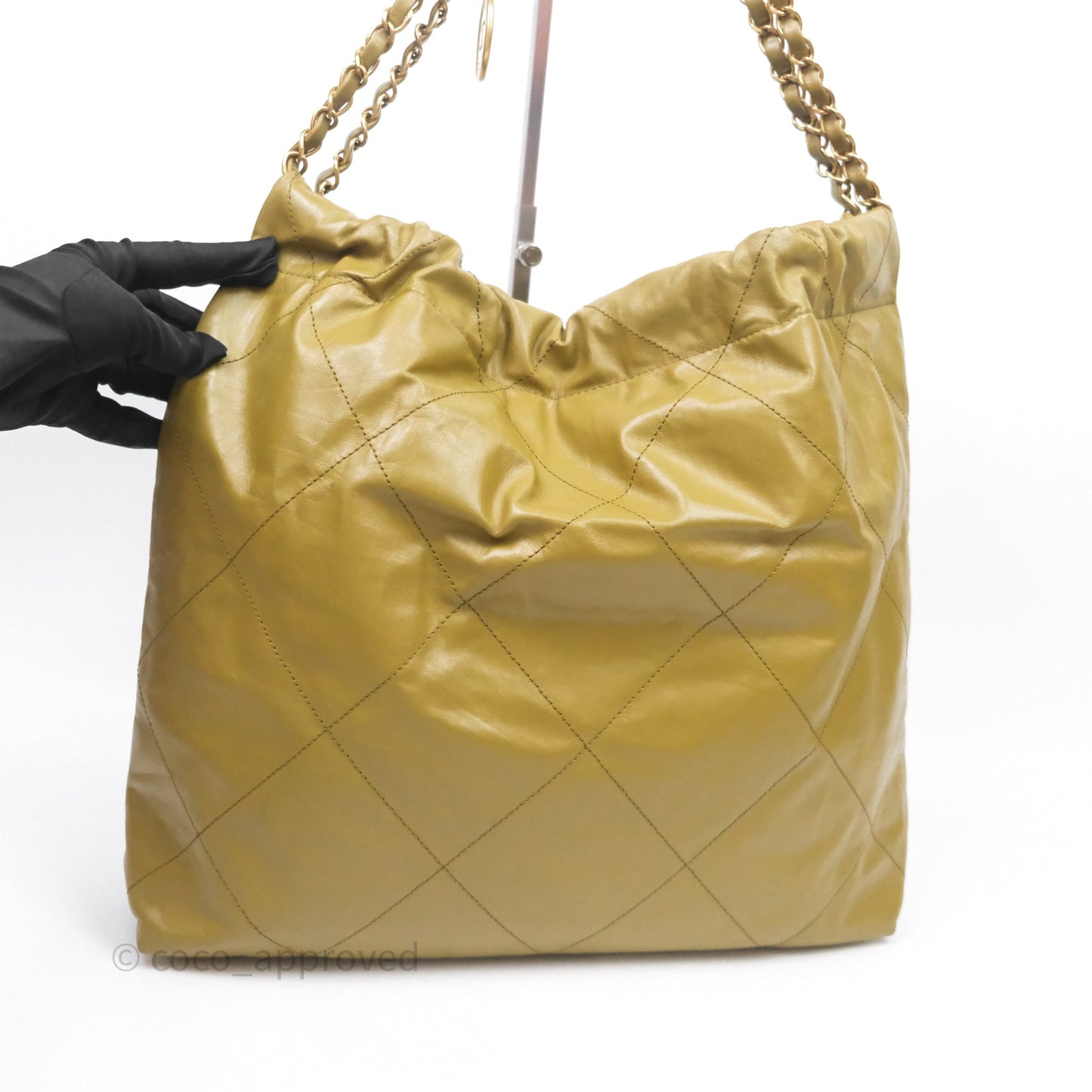 Chanel 22 Bag Medium Crumpled Olive Green Calfskin Aged Gold Hardware