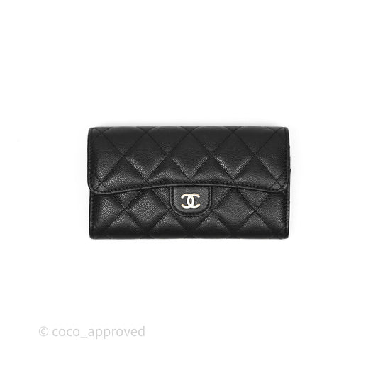 Chanel Classic Long Black Caviar Flap Wallet Silver Hardware