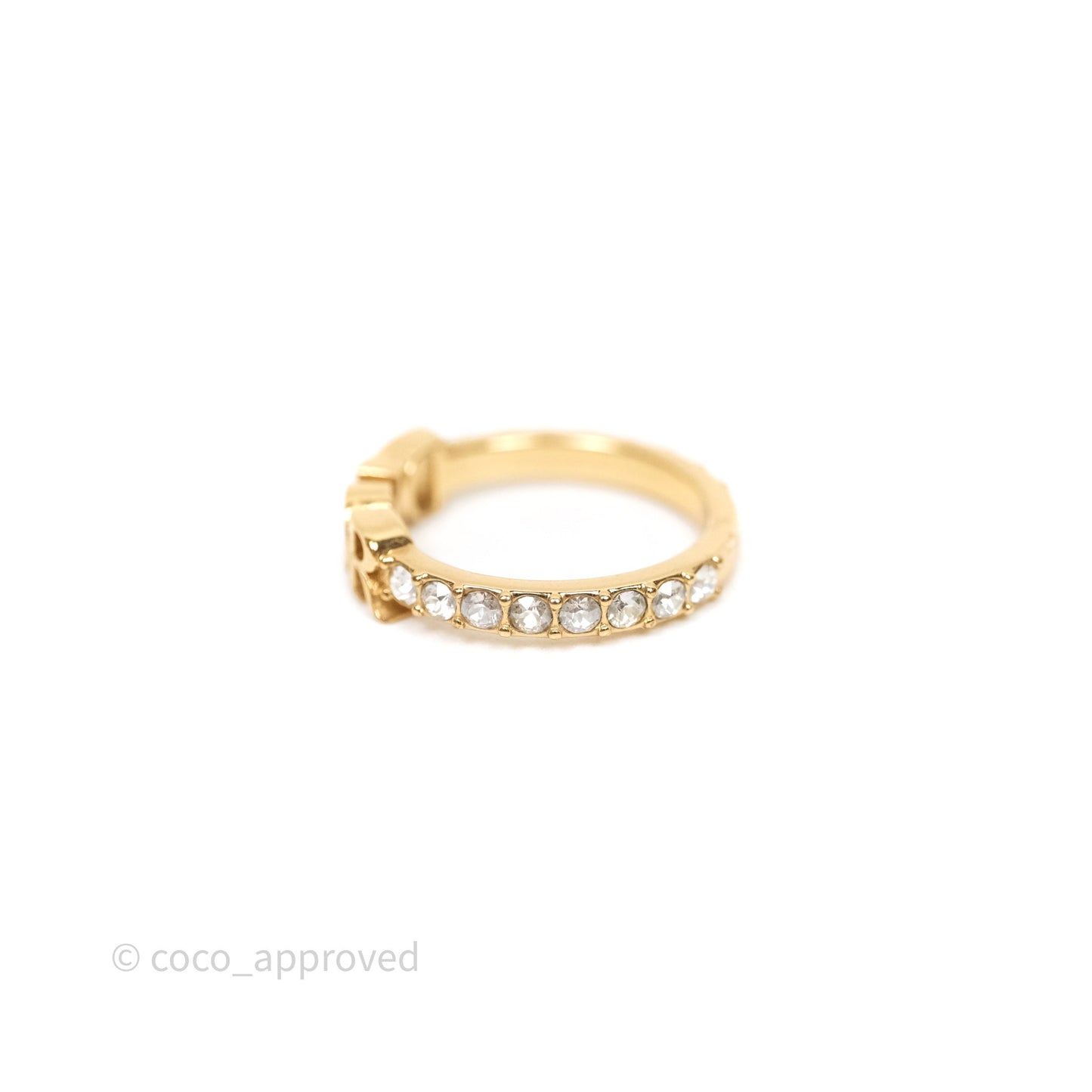 Christian Dior Crystal Logo Ring Gold Tone Size S