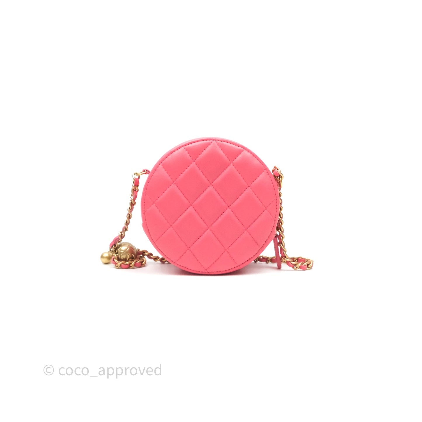Chanel Quilted Pearl Crush Round Clutch With Chain Pink Lambskin Aged Gold Hardware