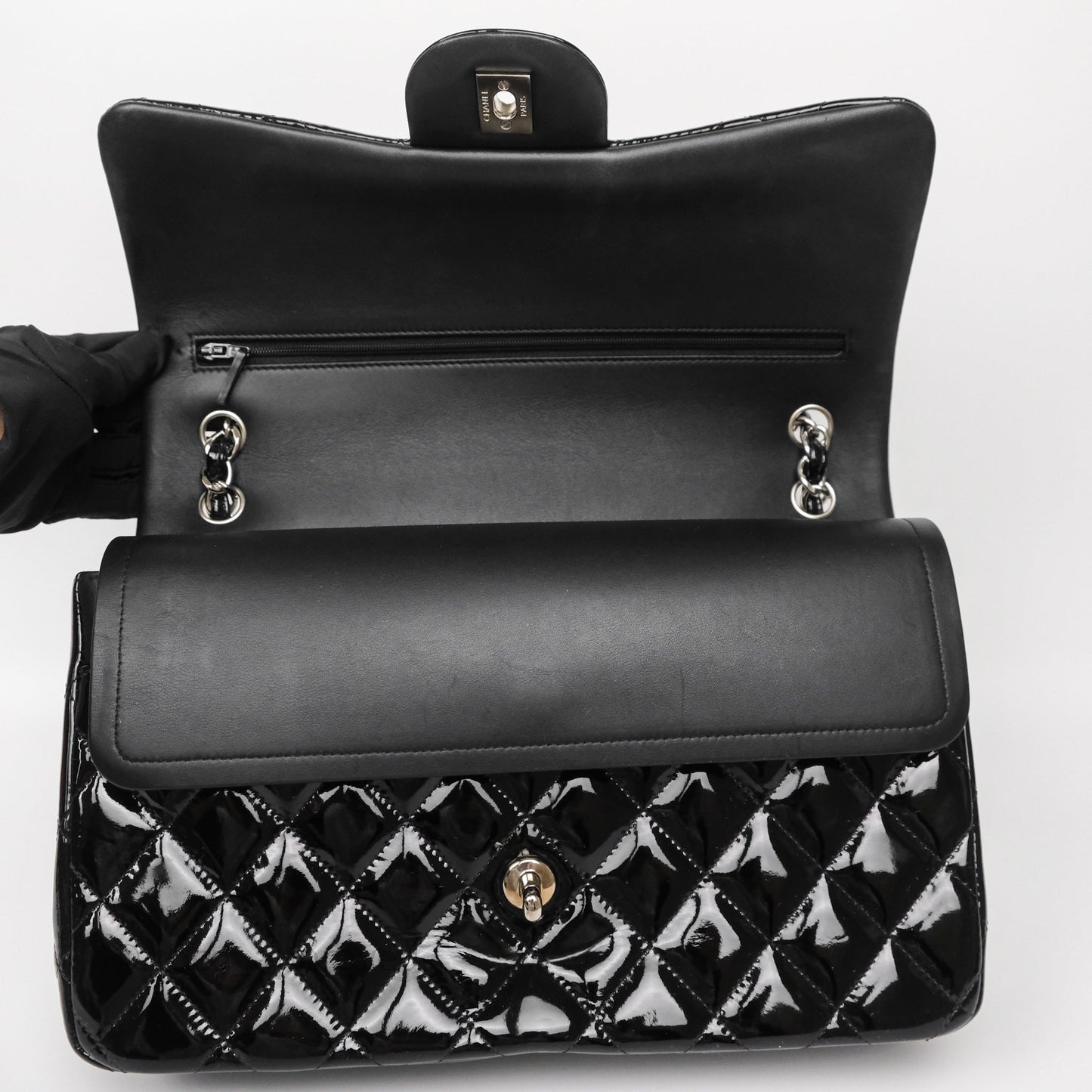 Chanel Jumbo Double Flap Black Patent Silver Hardware⁣⁣