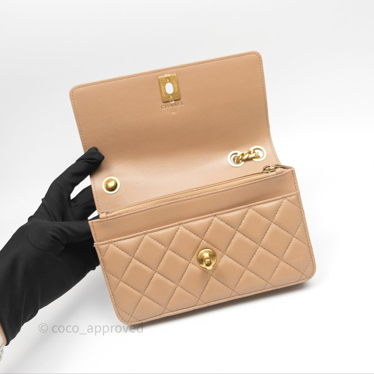 Chanel All Slide Wallet on Chain WOC Adjustable Chain Quilted Beige Lambskin