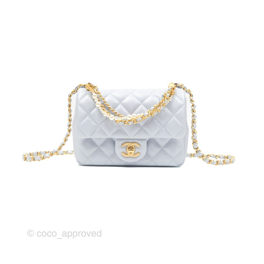 Chanel Mini Flap Bag with Pearl Chain Pearly Light Blue Lambskin Aged Gold Hardware 24P