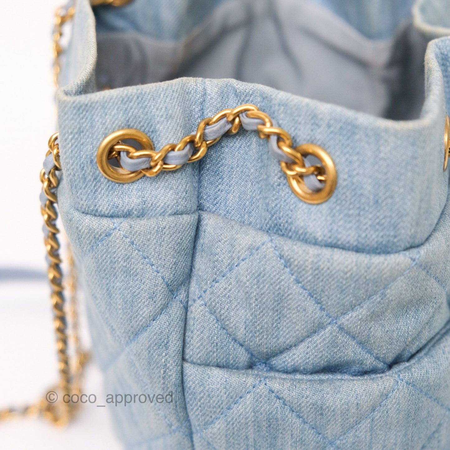 Chanel Drawstring Bucket Bag Denim Blue Aged Gold Hardware