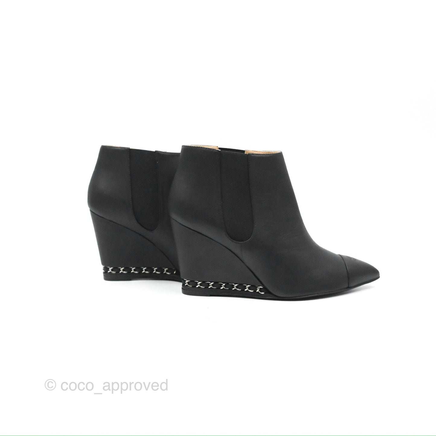 Chanel CC Pointy Toe Chain Wedge Ankle Boots Black