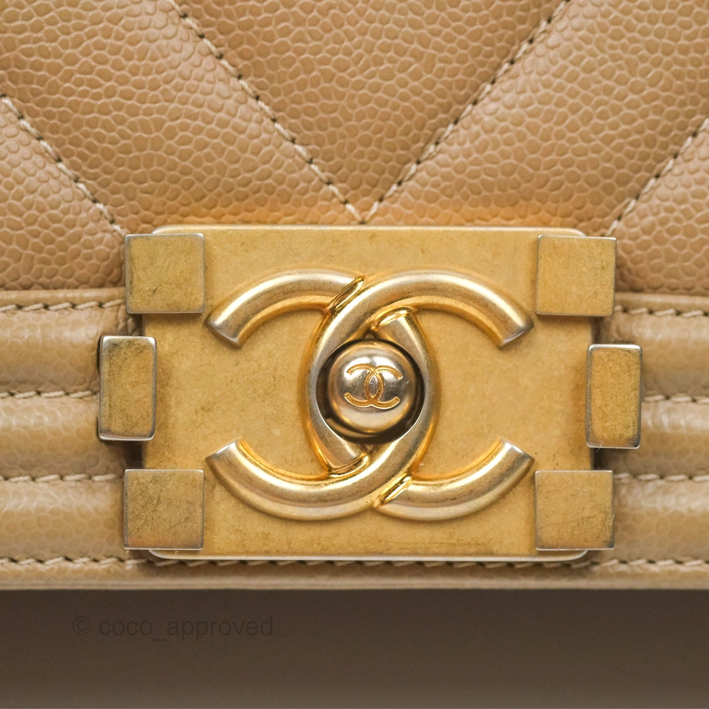 Chanel Medium Boy Chevron Beige Caviar Aged Gold Hardware