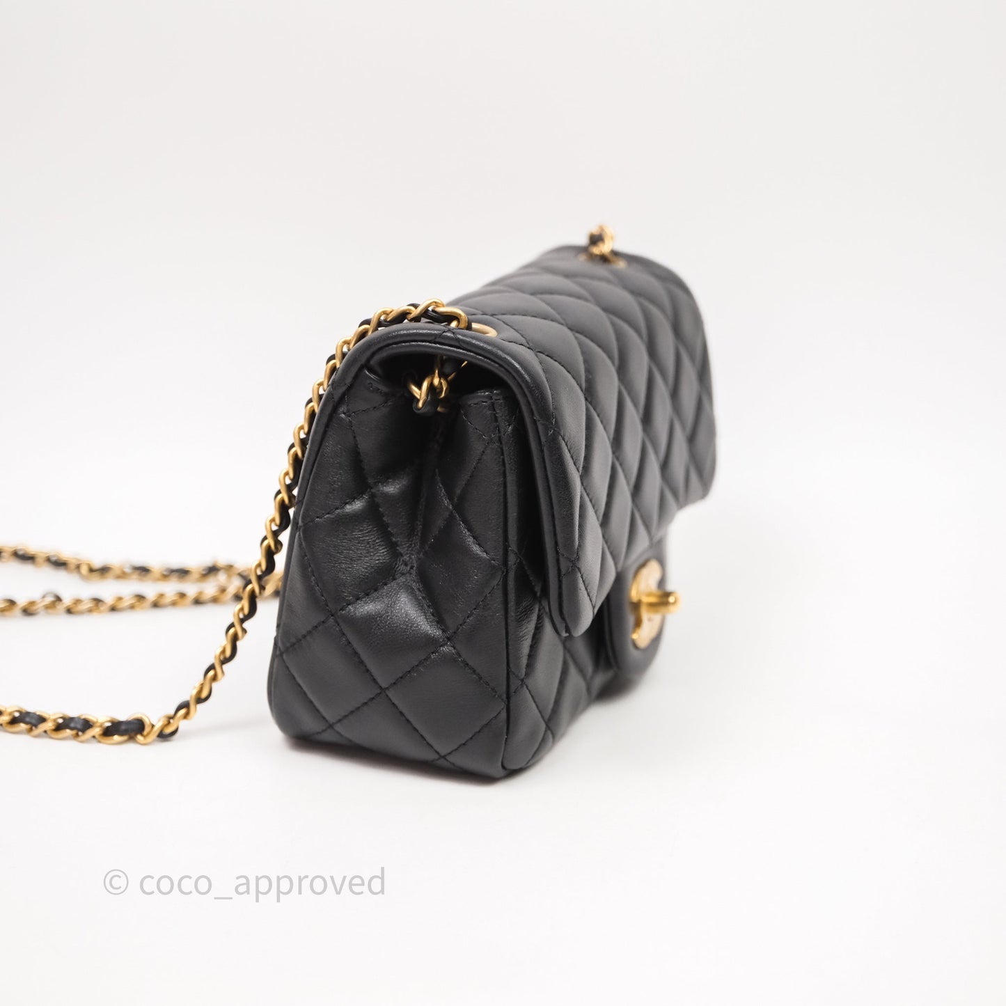 Chanel Pearl Crush Mini Square Quilted Black Lambskin Aged Gold Hardware