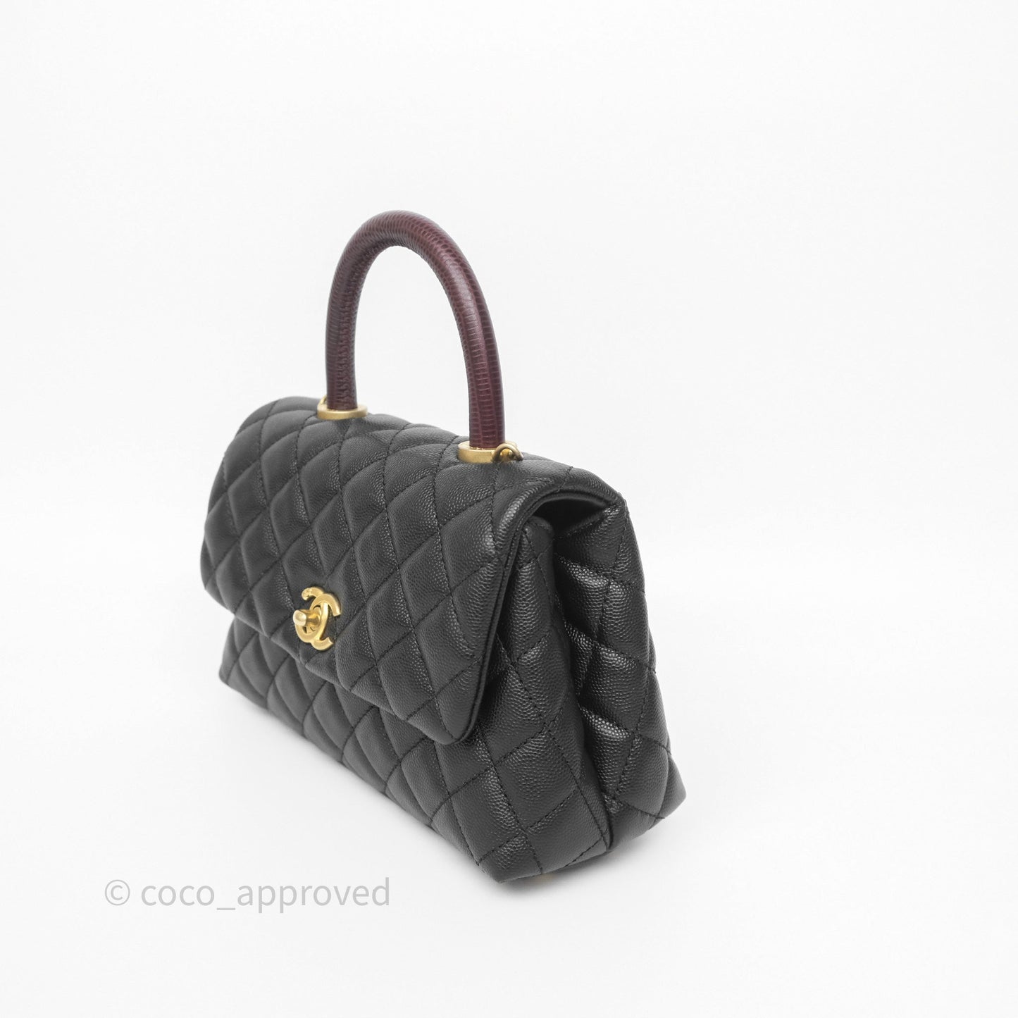 Chanel Small Coco Handle Quilted Black Caviar Aged Gold Hardware Lizard Handle